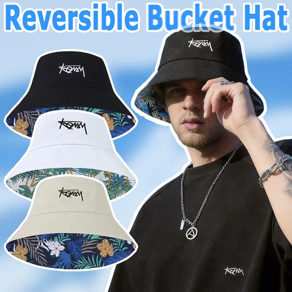 Embroidery Removal - Einfarbiger, drehbarer Bucket Hat mit Buchstabenstickerei/Hawaiian-Print,