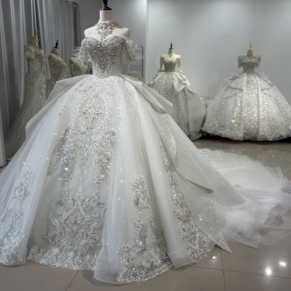 Embroidery Organza - Hochzeitskleider Ballkleid Schulterfrei Spitze Perlenbesatz Glänzendes