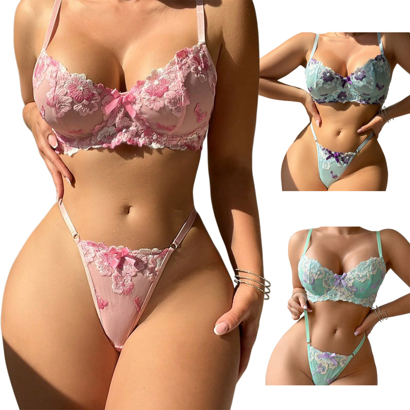 Embroidery Underwear - Romantisches Rosa Blumen-Stickerei Sexy Dessous-Set, Luxuriöse