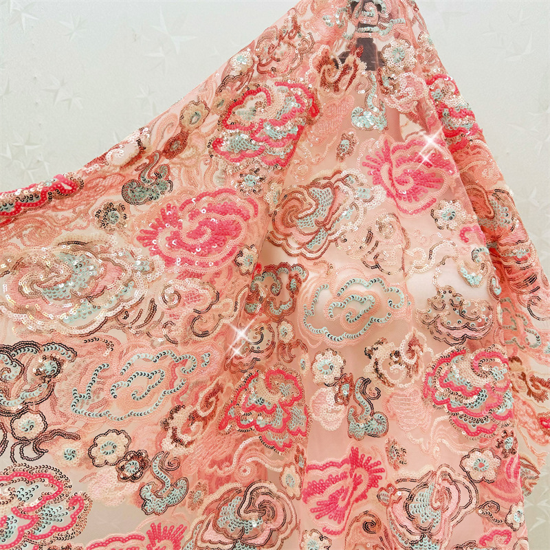 Embroidery Web - 2 Yards/Lot 130cm Breiter Rosa-Lila Blumen-Stickerei-Pailletten-Spitzenstoff,