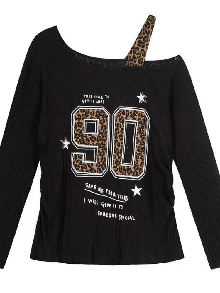 Embroidery Fashion - Y2K Patchwork Leopardenmuster T-Shirt Damen Locker