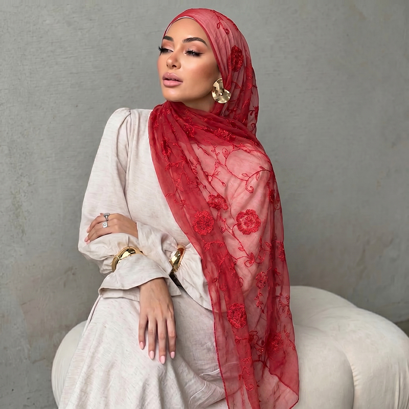 Embroidery Shawl - Blumenstickerei Muslimischer Hijab Transparenter Schal Weicher