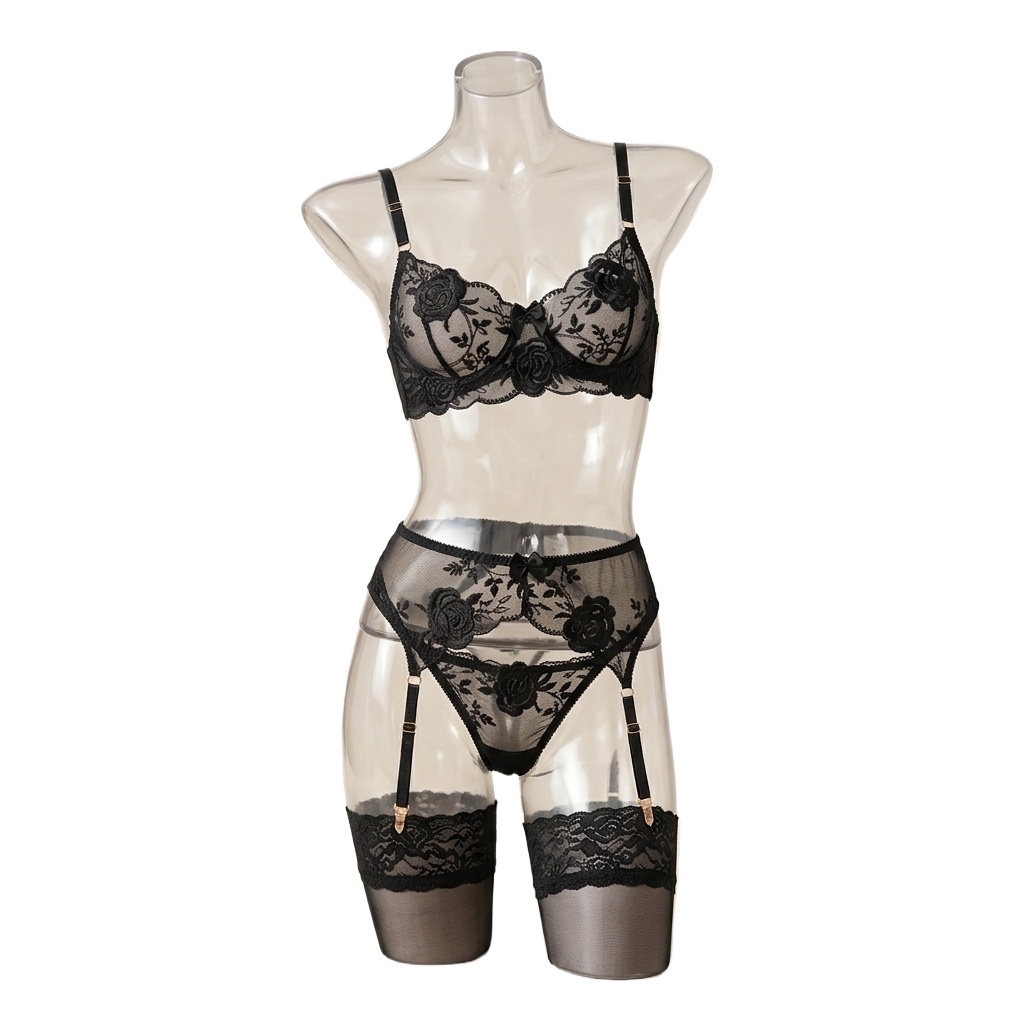 Embroidery Underwear - Blumenstickerei-BH-Slip-Sets Dessous Damen Transparente Bralette-BHs Unterwäsche