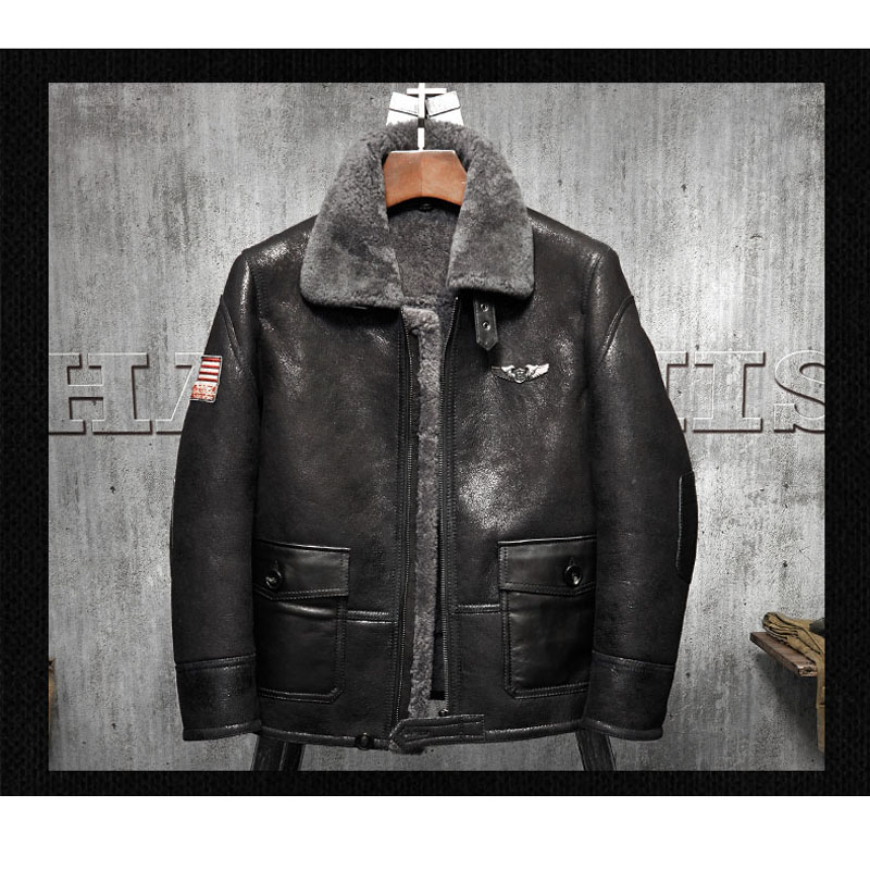 Embroidery In Australia - Denny&Dora Herren-Shearling-Jacke in Schwarz, kurzer Leder-Fliegermantel,